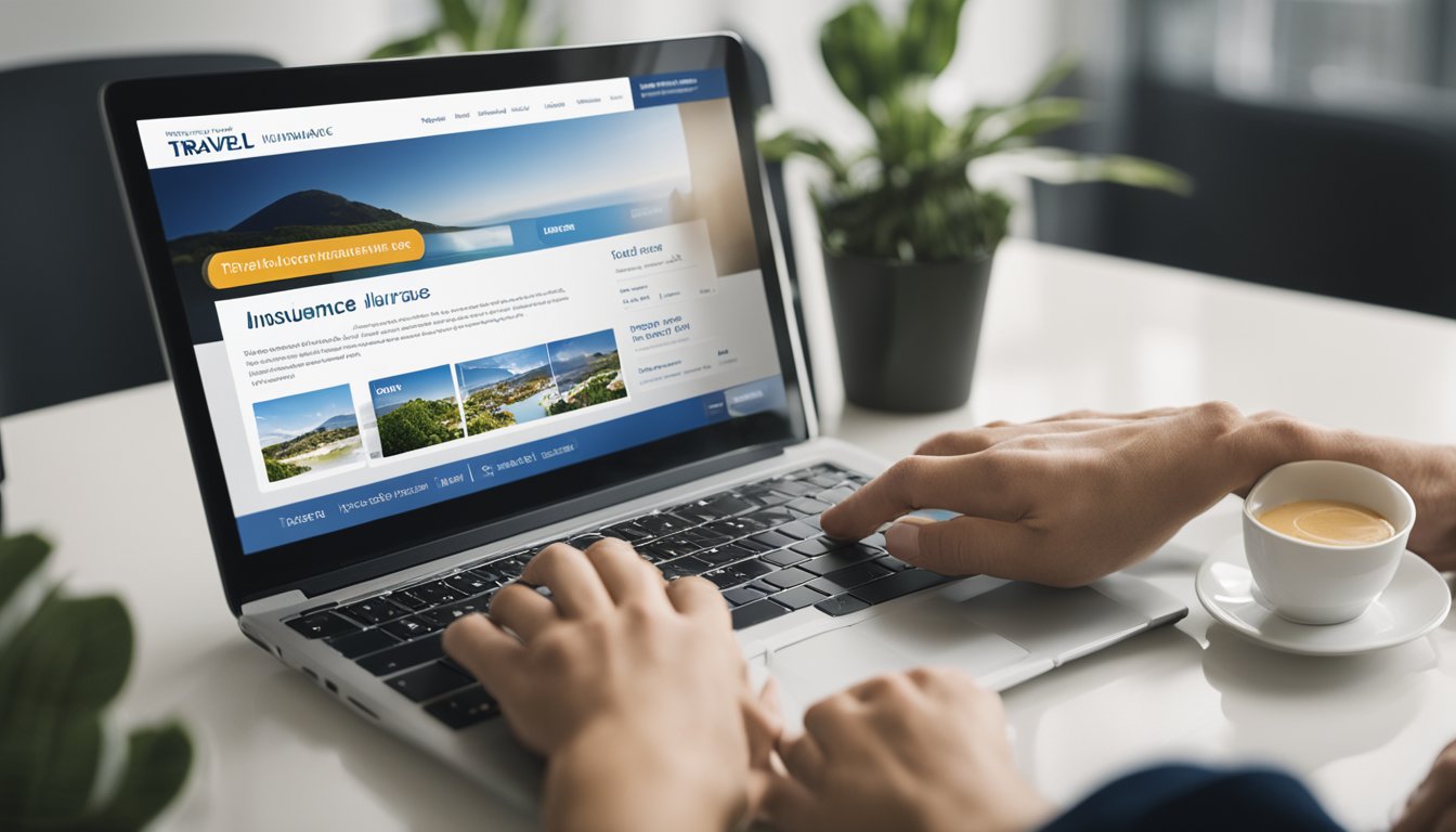 A person browsing a travel insurance website on a laptop, with various insurance options and prices displayed on the screen