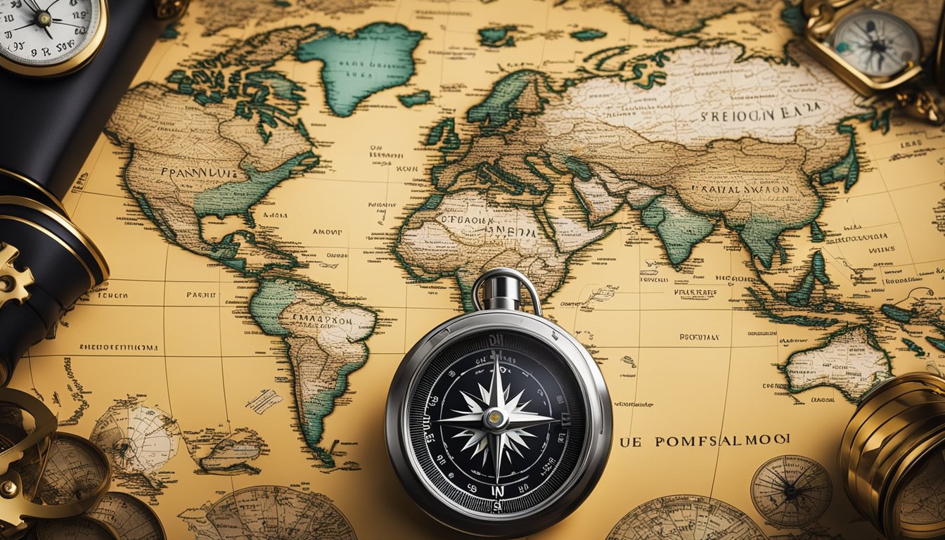 A world map with a compass and travel accessories scattered around, surrounded by images of famous landmarks and exotic destinations