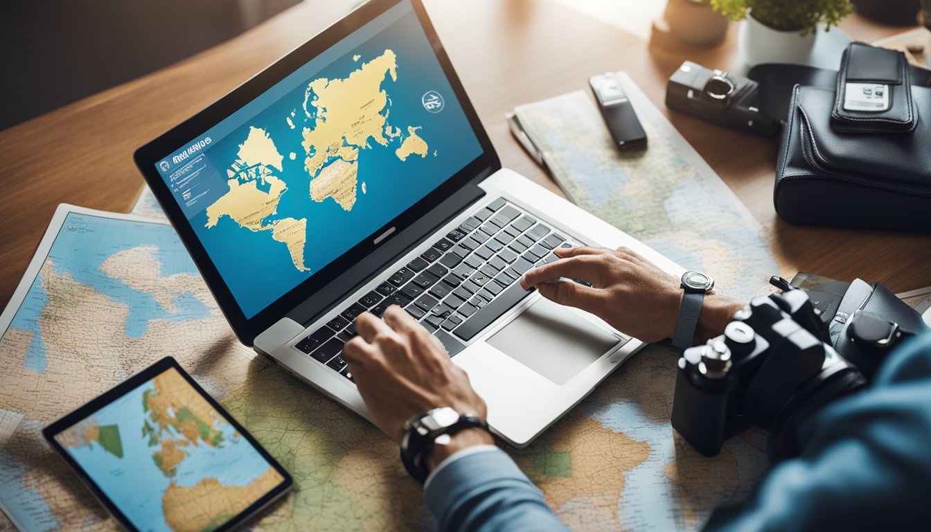 A traveler researching travel insurance online, surrounded by maps and a laptop